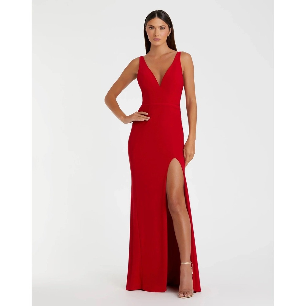 Mac Duggal Red V-Neck Maxi Dress with Thigh Slit